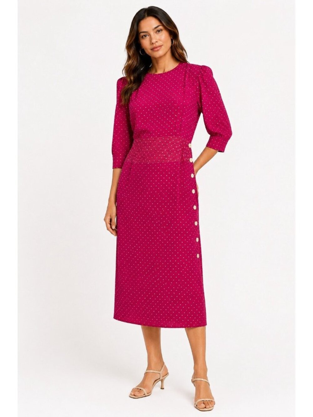vintage 80s 100% SILK DRESS pink polka dot MEDIUM secretary office baddie